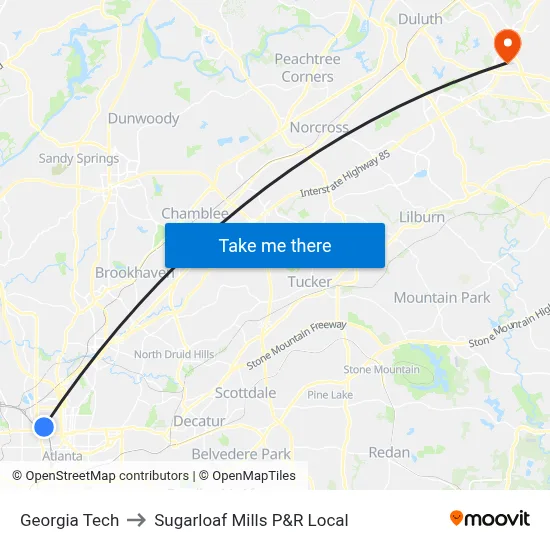 Georgia Tech to Sugarloaf Mills P&R Local map