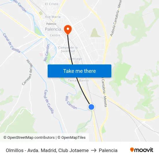 Olmillos - Avda. Madrid, Club Jotaeme to Palencia map