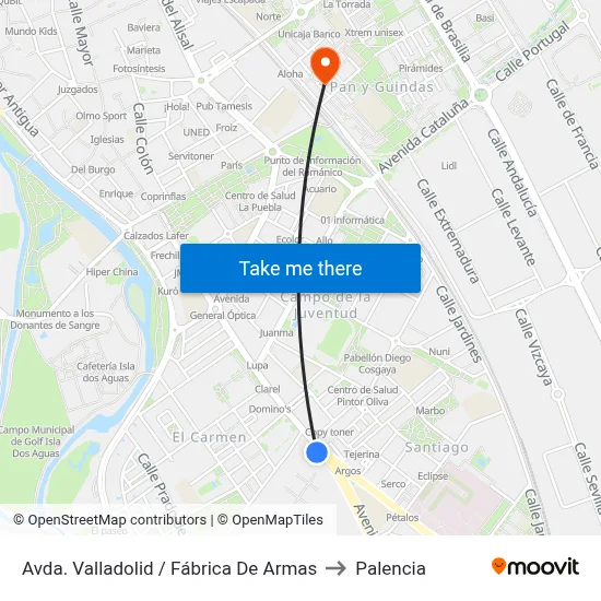 Avda. Valladolid / Fábrica De Armas to Palencia map