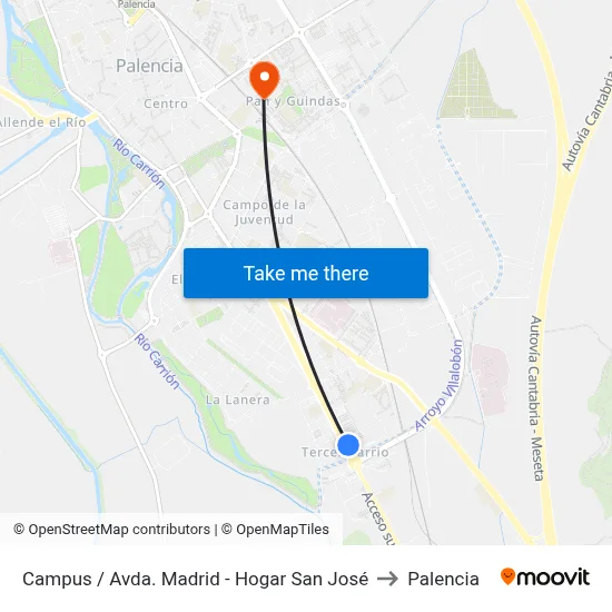 Campus / Avda. Madrid - Hogar San José to Palencia map