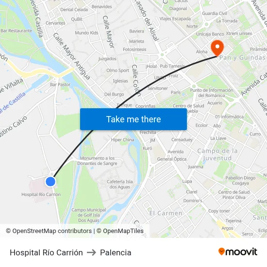 Hospital Río Carrión to Palencia map