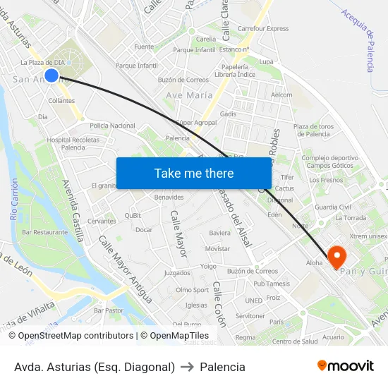 Avda. Asturias (Esq. Diagonal) to Palencia map