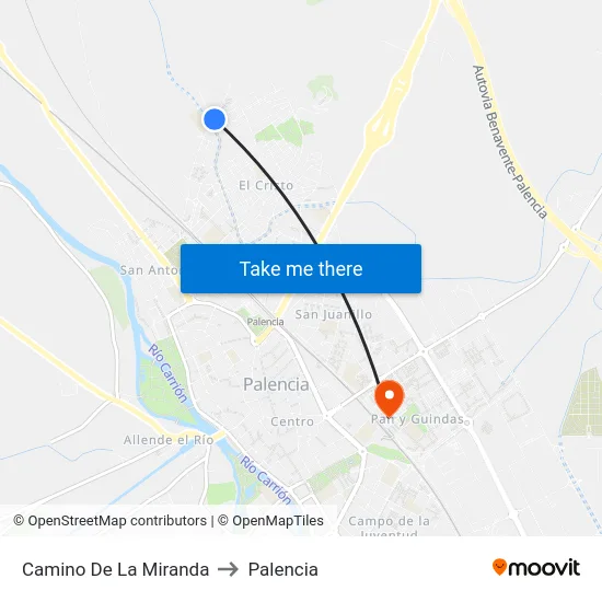 Camino De La Miranda to Palencia map