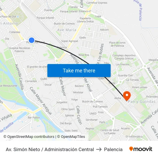 Av. Simón Nieto / Administración Central to Palencia map