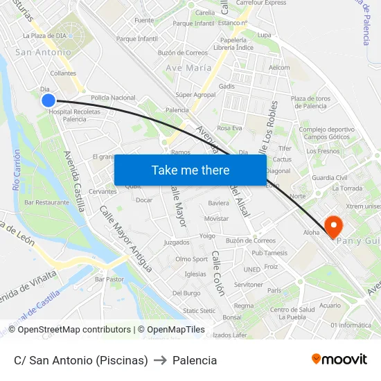 C/ San Antonio (Piscinas) to Palencia map
