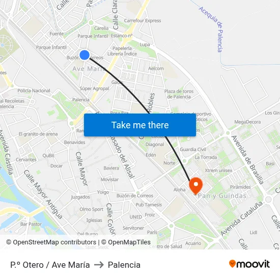P.º Otero / Ave María to Palencia map