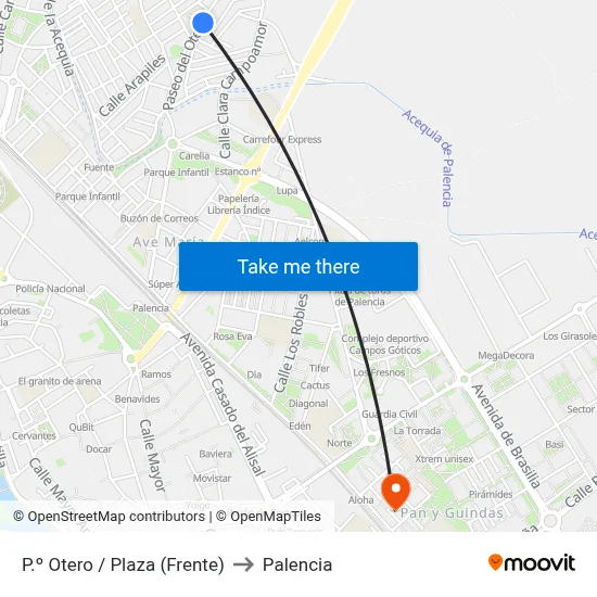 P.º Otero / Plaza (Frente) to Palencia map