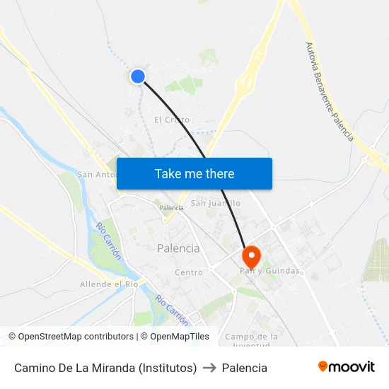 Camino De La Miranda (Institutos) to Palencia map