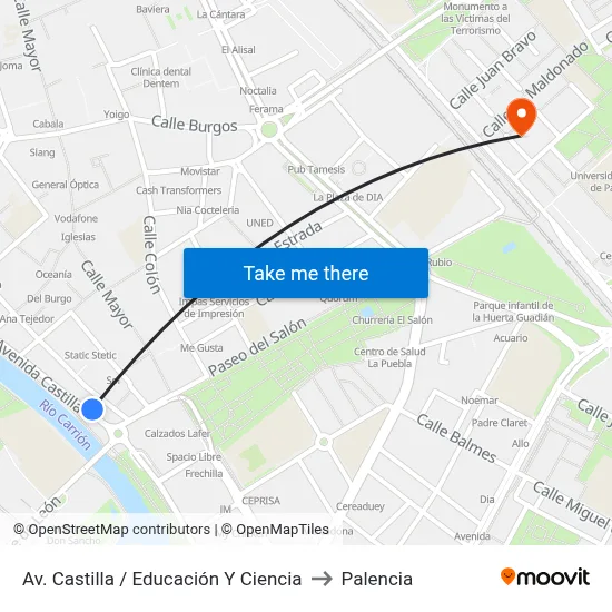 Av. Castilla / Educación Y Ciencia to Palencia map