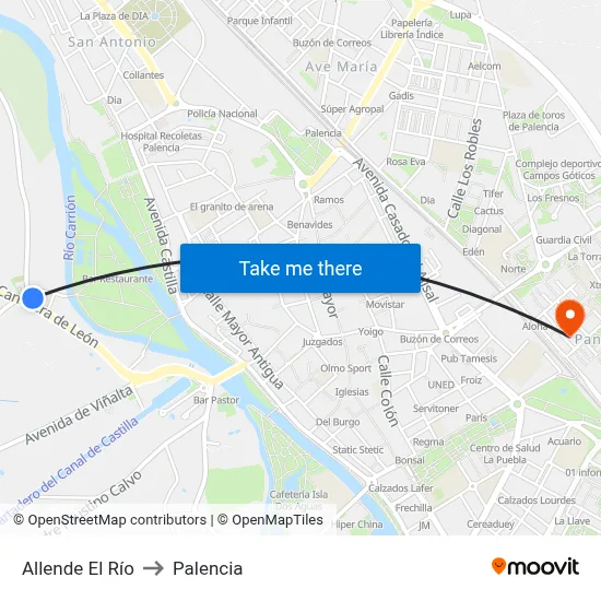 Allende El Río to Palencia map