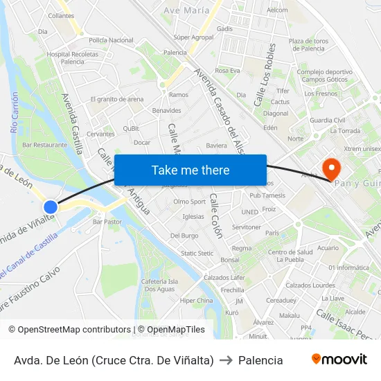 Avda. De León (Cruce Ctra. De Viñalta) to Palencia map