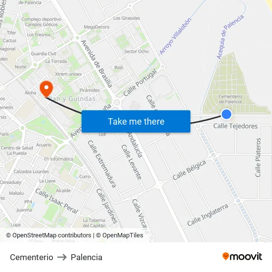 Cementerio to Palencia map
