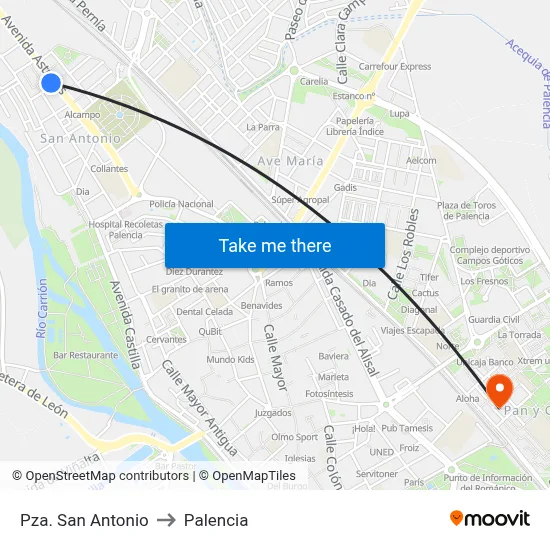 Pza. San Antonio to Palencia map