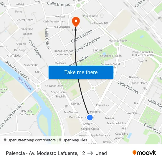 Palencia - Av. Modesto Lafuente, 12 to Uned map