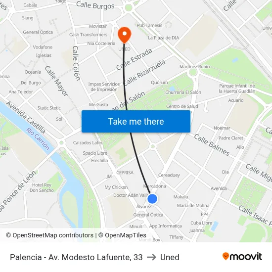 Palencia - Av. Modesto Lafuente, 33 to Uned map