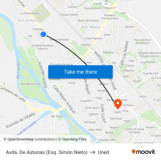 Avda. De Asturias (Esq. Simón Nieto) to Uned map