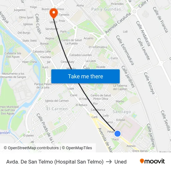 Avda. De San Telmo (Hospital San Telmo) to Uned map