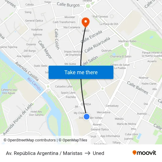 Av. República Argentina / Maristas to Uned map