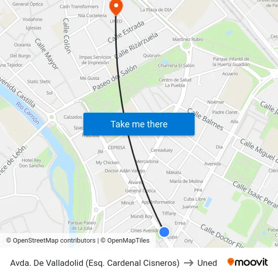 Avda. De Valladolid (Esq. Cardenal Cisneros) to Uned map