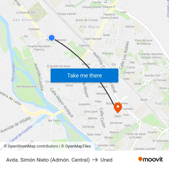 Avda. Simón Nieto (Admón. Central) to Uned map