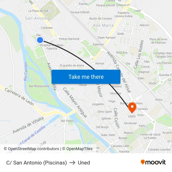 C/ San Antonio (Piscinas) to Uned map