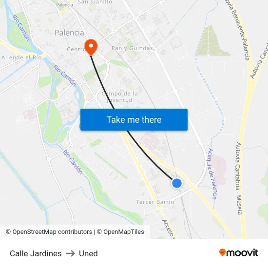 Calle Jardines to Uned map