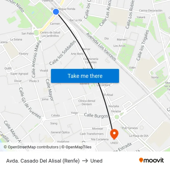 Avda. Casado Del Alisal (Renfe) to Uned map