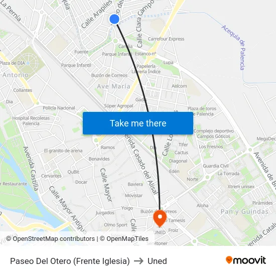 Paseo Del Otero (Frente Iglesia) to Uned map