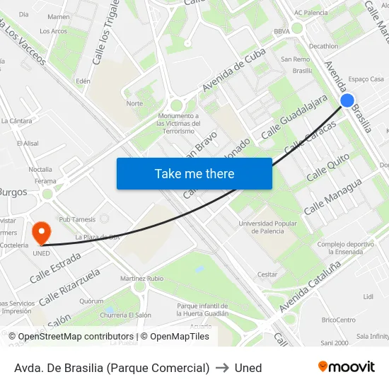 Avda. De Brasilia (Parque Comercial) to Uned map