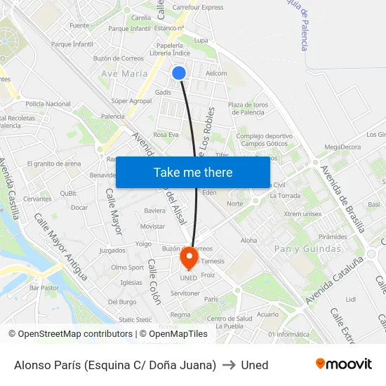 Alonso París (Esquina C/ Doña Juana) to Uned map