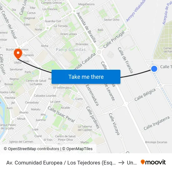 Av. Comunidad Europea / Los Tejedores (Esquina) to Uned map