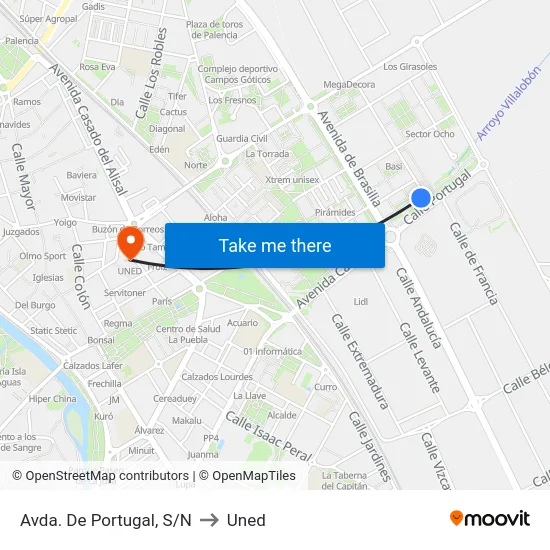 Avda. De Portugal, S/N to Uned map