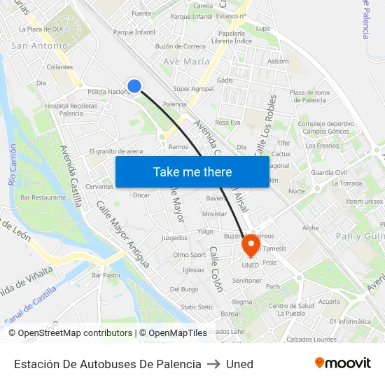 Estación De Autobuses De Palencia to Uned map