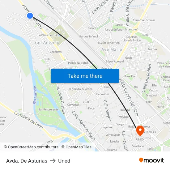 Avda. De Asturias to Uned map