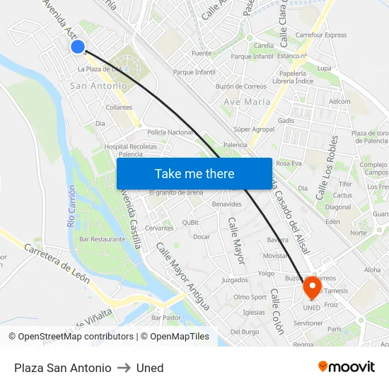 Plaza San Antonio to Uned map