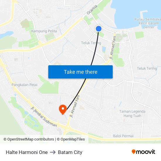 Halte Harmoni One to Batam City map