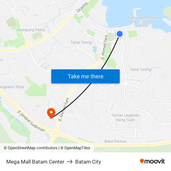 Mega Mall Batam Center to Batam City map