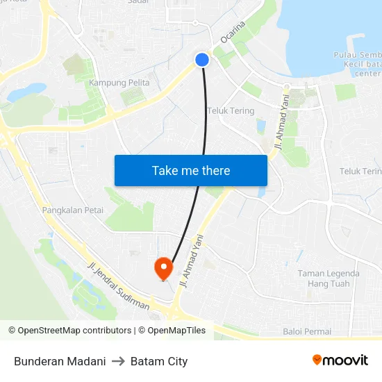 Bunderan Madani to Batam City map
