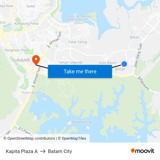 Kapita Plaza A to Batam City map