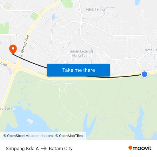Simpang Kda A to Batam City map