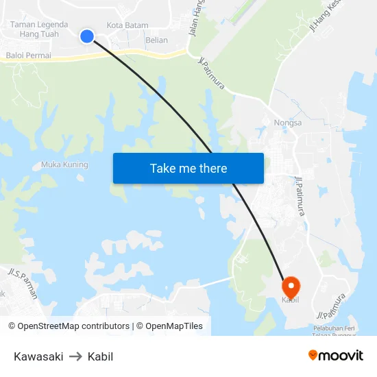 Kawasaki to Kabil map