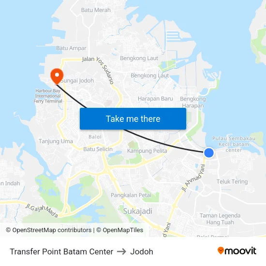 Transfer Point Batam Center to Jodoh map