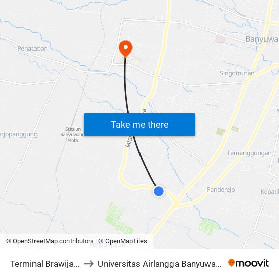 Terminal Brawijaya to Universitas Airlangga Banyuwangi map