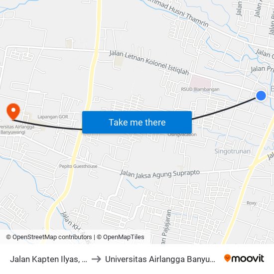 Jalan Kapten Ilyas, 19a to Universitas Airlangga Banyuwangi map