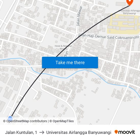 Jalan Kuntulan, 1 to Universitas Airlangga Banyuwangi map