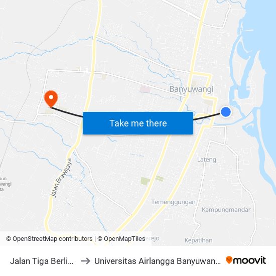 Jalan Tiga Berlian to Universitas Airlangga Banyuwangi map