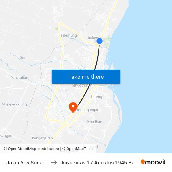 Jalan Yos Sudarso, 31 to Universitas 17 Agustus 1945 Banyuwangi map