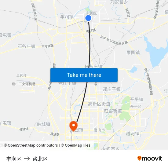 丰润区 to 路北区 map