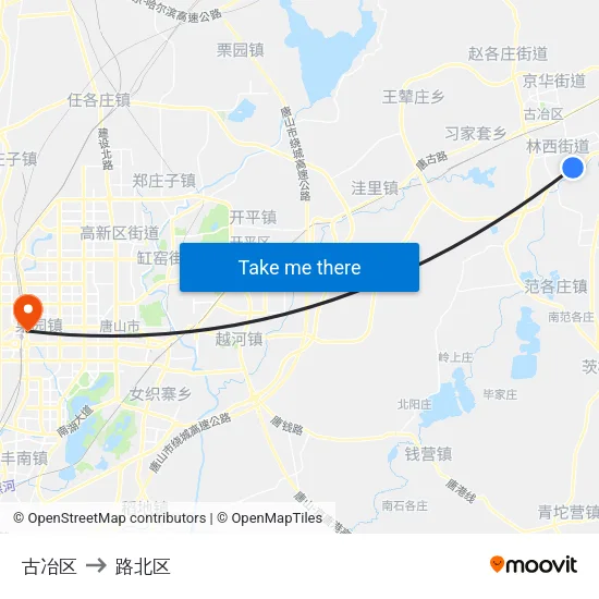 古冶区 to 路北区 map