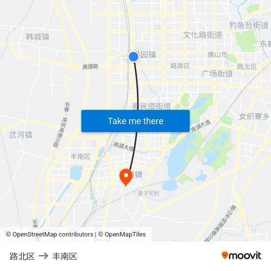 路北区 to 丰南区 map